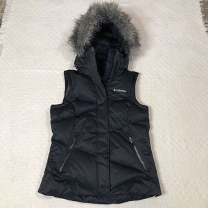 COLUMBIA OMNI HEAT WOMEN SZ Small BLACK PUFFER DOWN VEST/JACKET FAUX FUR HOOD